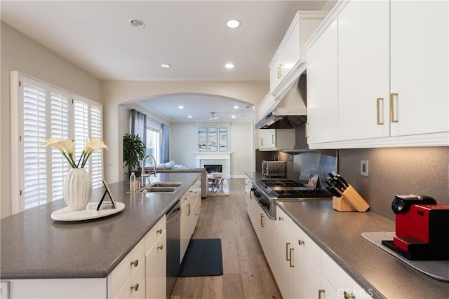 kitchen featuring dark countertops, under cabinet range hood, stainless steel appliances, arched walkways, and a sink