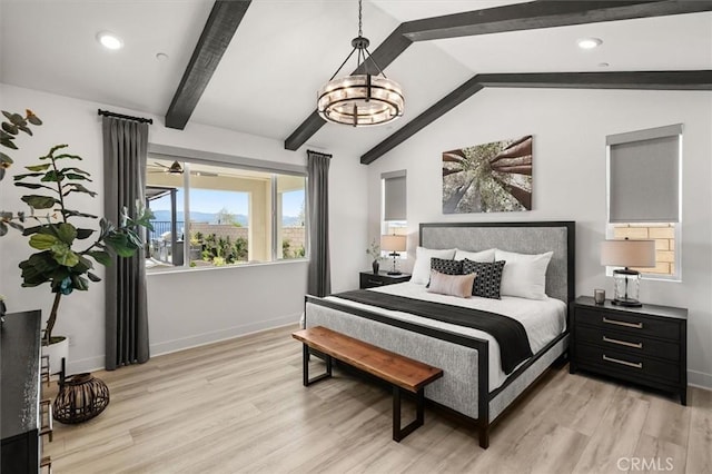 bedroom with light wood-type flooring, a notable chandelier, vaulted ceiling with beams, and baseboards