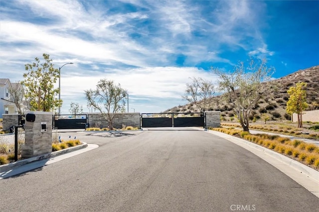 view of road featuring curbs, street lighting, a gated entry, and a gate