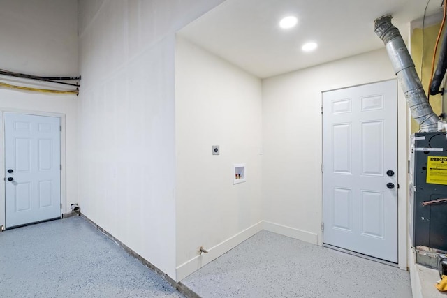 washroom featuring hookup for a washing machine, recessed lighting, electric dryer hookup, laundry area, and baseboards