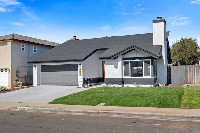 ranch-style house featuring a garage, concrete driveway, a chimney, fence, and a front yard