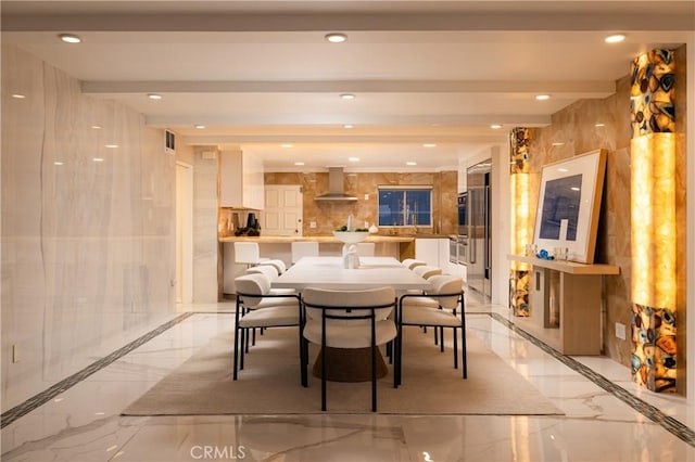 dining room featuring beam ceiling, visible vents, marble finish floor, and recessed lighting