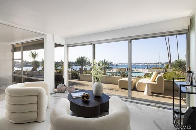 interior space with a water view