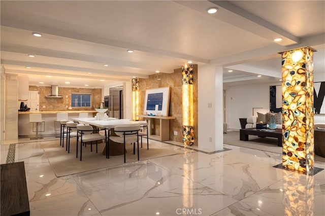 dining room with baseboards, marble finish floor, and recessed lighting