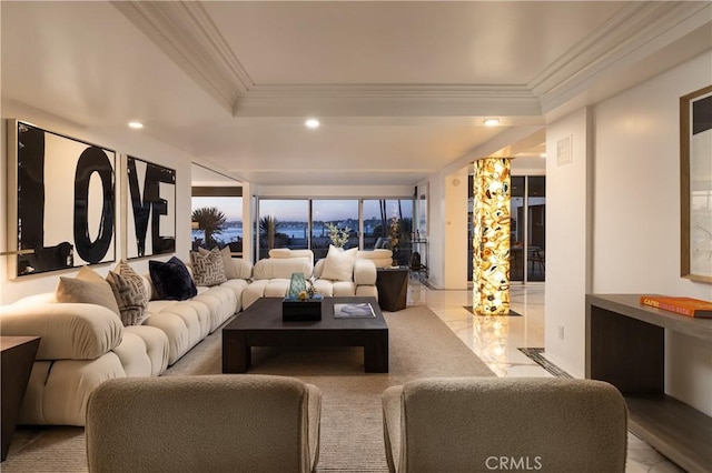 living area with crown molding, marble finish floor, and recessed lighting