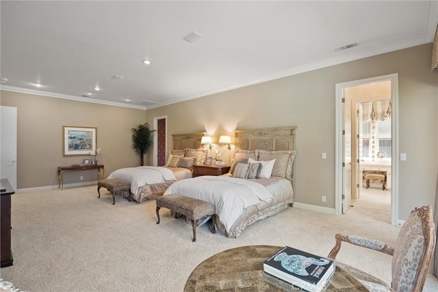 carpeted bedroom with ornamental molding, recessed lighting, and baseboards