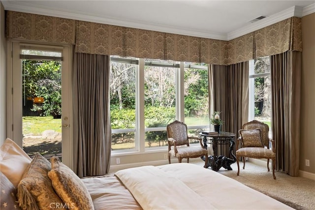 bedroom with light carpet, visible vents, access to outside, ornamental molding, and wallpapered walls