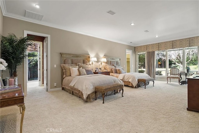 carpeted bedroom featuring recessed lighting, visible vents, crown molding, and baseboards