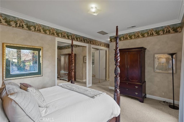 bedroom featuring ornamental molding, two closets, visible vents, and light colored carpet