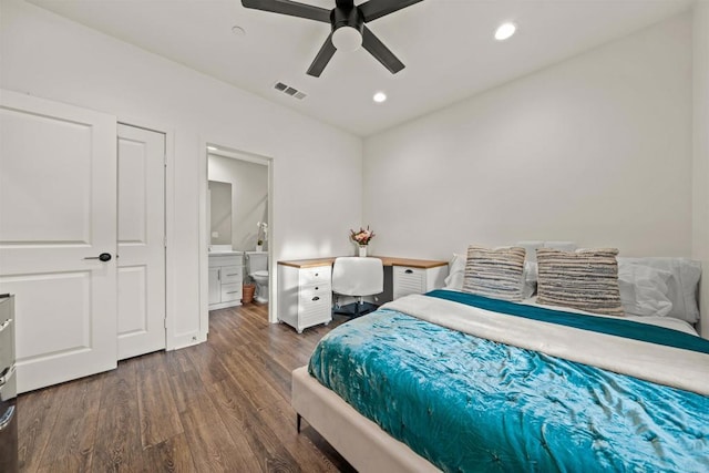 bedroom featuring connected bathroom, recessed lighting, dark wood-style flooring, a ceiling fan, and visible vents