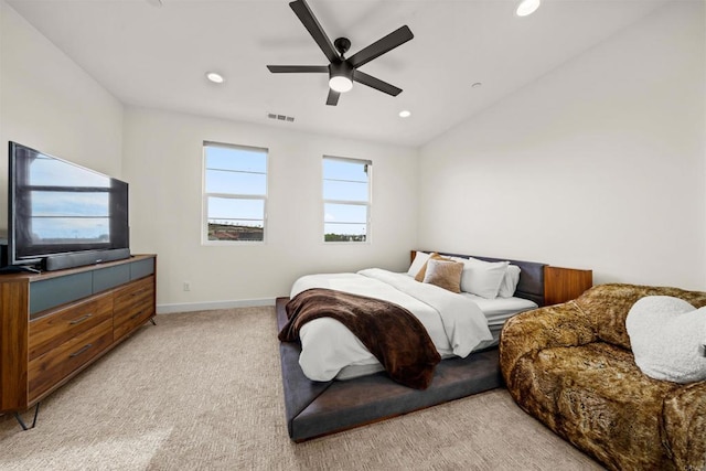 bedroom featuring light carpet, baseboards, visible vents, ceiling fan, and recessed lighting