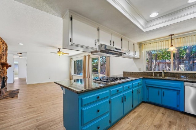 kitchen with stainless steel appliances, white cabinetry, a sink, blue cabinets, and under cabinet range hood