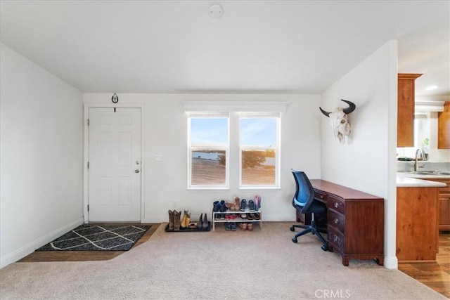 office area featuring carpet, a sink, and baseboards