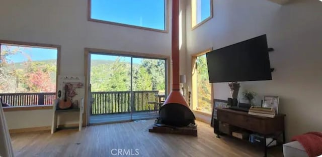 living room featuring light wood-type flooring, baseboards, and a high ceiling