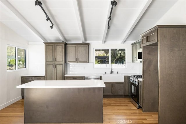 kitchen with light wood finished floors, tasteful backsplash, appliances with stainless steel finishes, and light countertops