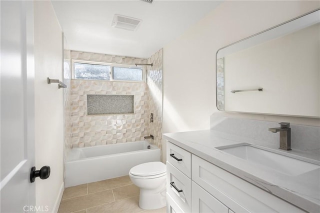 full bathroom featuring shower / bath combination, visible vents, toilet, tile patterned flooring, and vanity