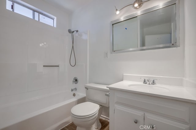 full bath with bathing tub / shower combination, toilet, and vanity