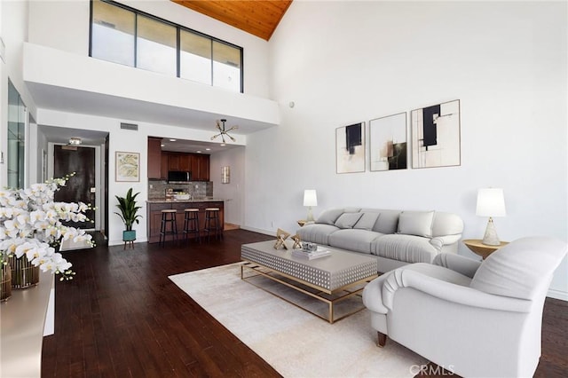 living room with high vaulted ceiling, wooden ceiling, visible vents, baseboards, and dark wood-style floors