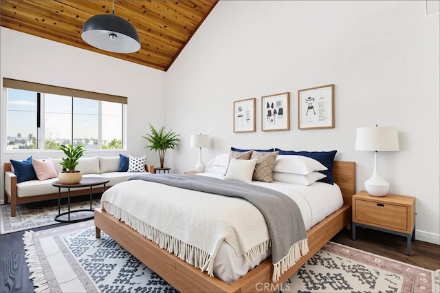 435 S La Fayette Park Pl Unit 311, Los Angeles, CA 90057 - bedroom with wooden ceiling, wood finished floors, baseboards, and high vaulted ceiling