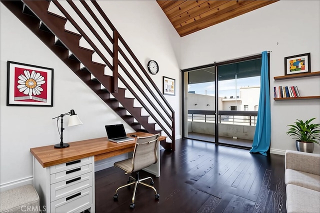 435 S La Fayette Park Pl Unit 311, Los Angeles, CA 90057 - office space with baseboards, dark wood finished floors, vaulted ceiling, and wood ceiling