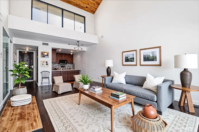 435 S La Fayette Park Pl Unit 311, Los Angeles, CA 90057 - living area featuring dark wood finished floors, baseboards, high vaulted ceiling, and wooden ceiling