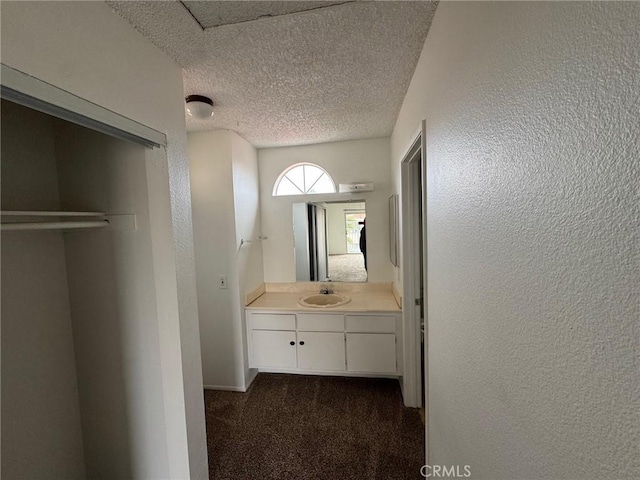 bathroom with a textured wall, vanity, and a textured ceiling