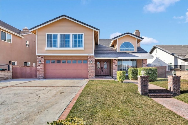 view of front of home featuring a garage, brick siding, fence, driveway, and a front lawn