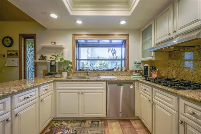 712 Via Zapata, Riverside, CA 92507 - kitchen featuring stainless steel dishwasher, black gas stovetop, a sink, open shelves, and recessed lighting