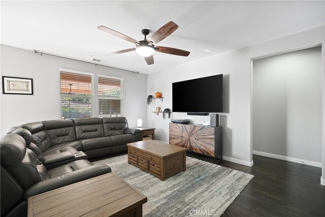 34306 Deergrass Way, Lake Elsinore, CA 92532 - living area with baseboards, a ceiling fan, wood finished floors, and visible vents