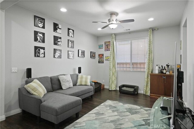 34306 Deergrass Way, Lake Elsinore, CA 92532 - living room with baseboards, recessed lighting, ceiling fan, and wood finished floors