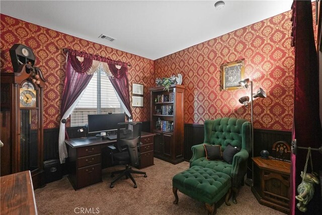 34306 Deergrass Way, Lake Elsinore, CA 92532 - carpeted office featuring wallpapered walls, visible vents, and a wainscoted wall