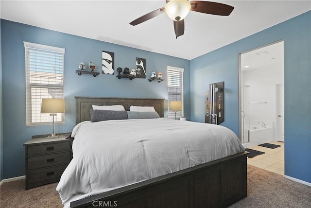 34306 Deergrass Way, Lake Elsinore, CA 92532 - bedroom featuring baseboards, ensuite bathroom, carpet, and a ceiling fan