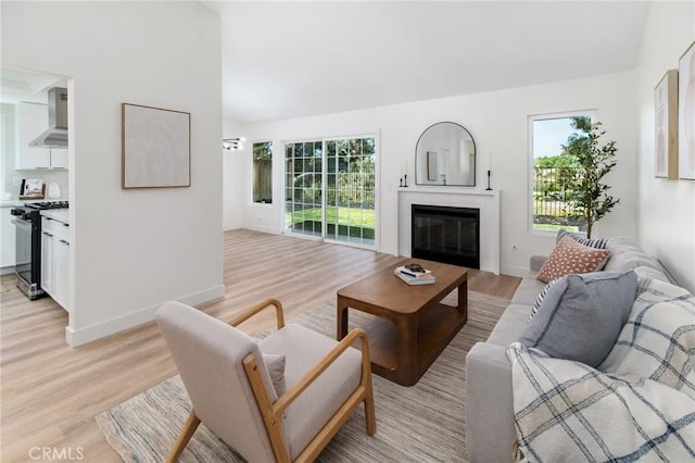 7969 Calle Madrid, Carlsbad, CA 92009 - living room with light wood-type flooring, a glass covered fireplace, vaulted ceiling, and baseboards
