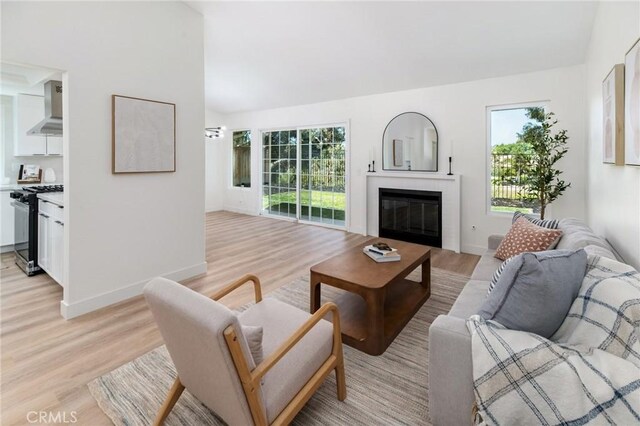 7969 Calle Madrid, Carlsbad, CA 92009 - living room with light wood finished floors, lofted ceiling, a glass covered fireplace, and baseboards