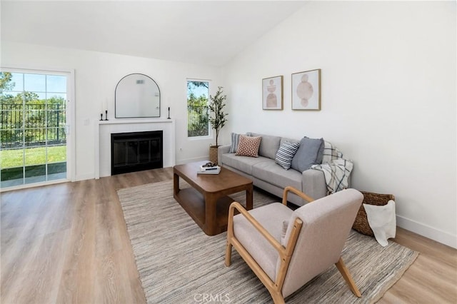 7969 Calle Madrid, Carlsbad, CA 92009 - living area featuring healthy amount of natural light, light wood finished floors, lofted ceiling, a glass covered fireplace, and baseboards