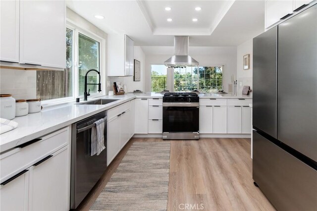 7969 Calle Madrid, Carlsbad, CA 92009 - kitchen featuring appliances with stainless steel finishes, a sink, island range hood, light wood-style flooring, and recessed lighting