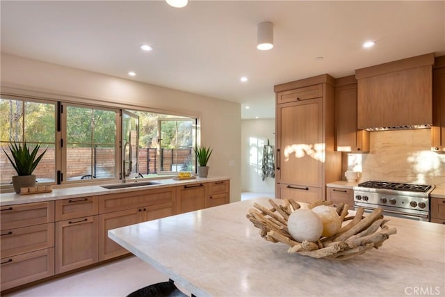 kitchen featuring stainless steel stove, light countertops, a sink, and decorative backsplash