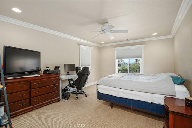 bedroom with ornamental molding, recessed lighting, light carpet, and baseboards