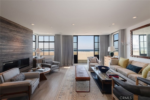 living area featuring a water view, light wood-style floors, a fireplace, and a wealth of natural light