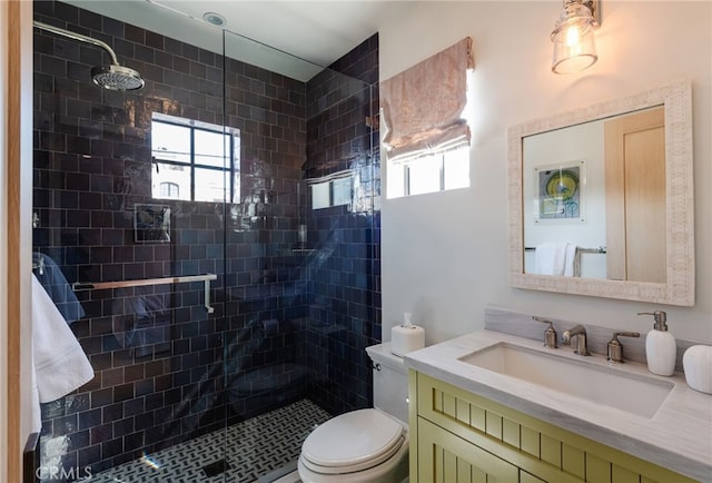 full bath featuring a shower stall, vanity, and toilet