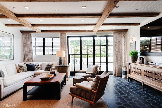 living room featuring beamed ceiling and recessed lighting