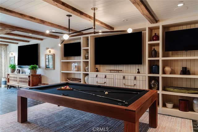 playroom with built in shelves, billiards, and beam ceiling