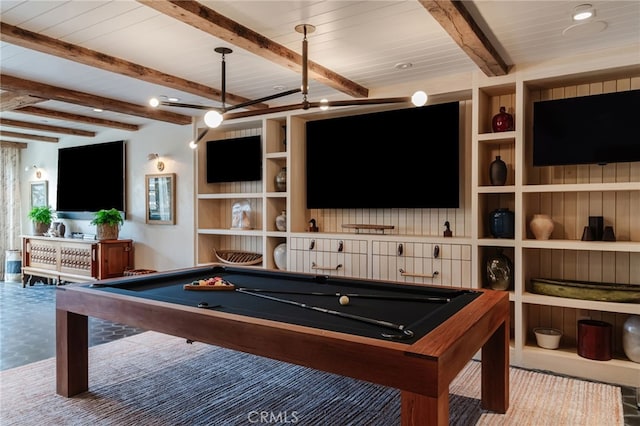 game room with beam ceiling, built in features, and pool table