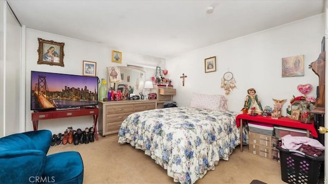 bedroom with light colored carpet