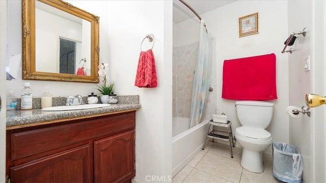 full bath featuring tile patterned flooring, shower / tub combo with curtain, vanity, and toilet