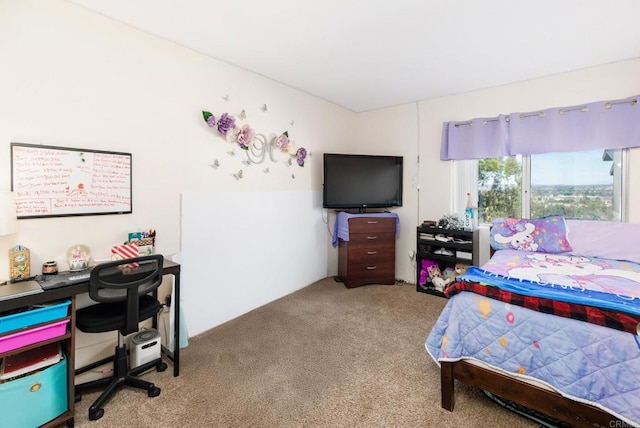 bedroom featuring light carpet