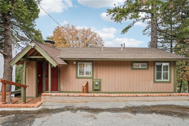 view of front of house with roof with shingles and a chimney