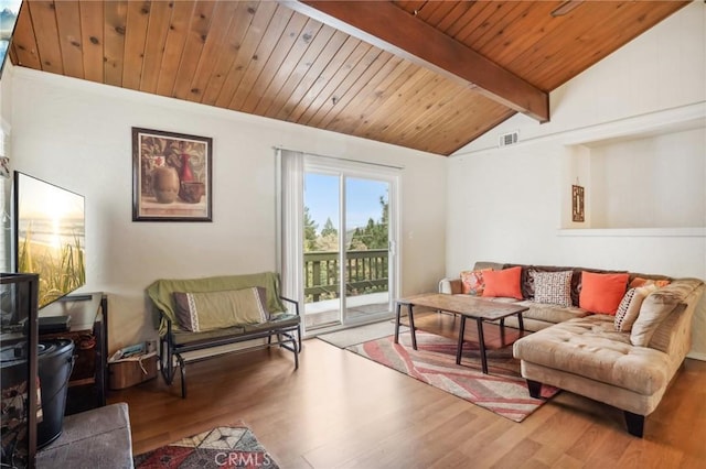 living room featuring wooden ceiling, visible vents, vaulted ceiling with beams, and wood finished floors