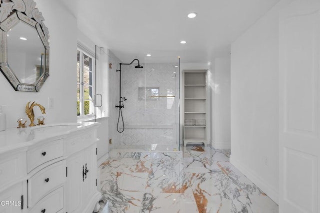 full bath with marble finish floor, a marble finish shower, and recessed lighting