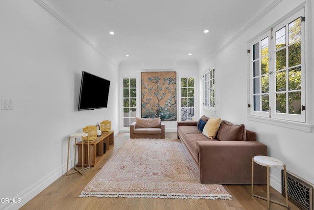 living area with a healthy amount of sunlight and crown molding